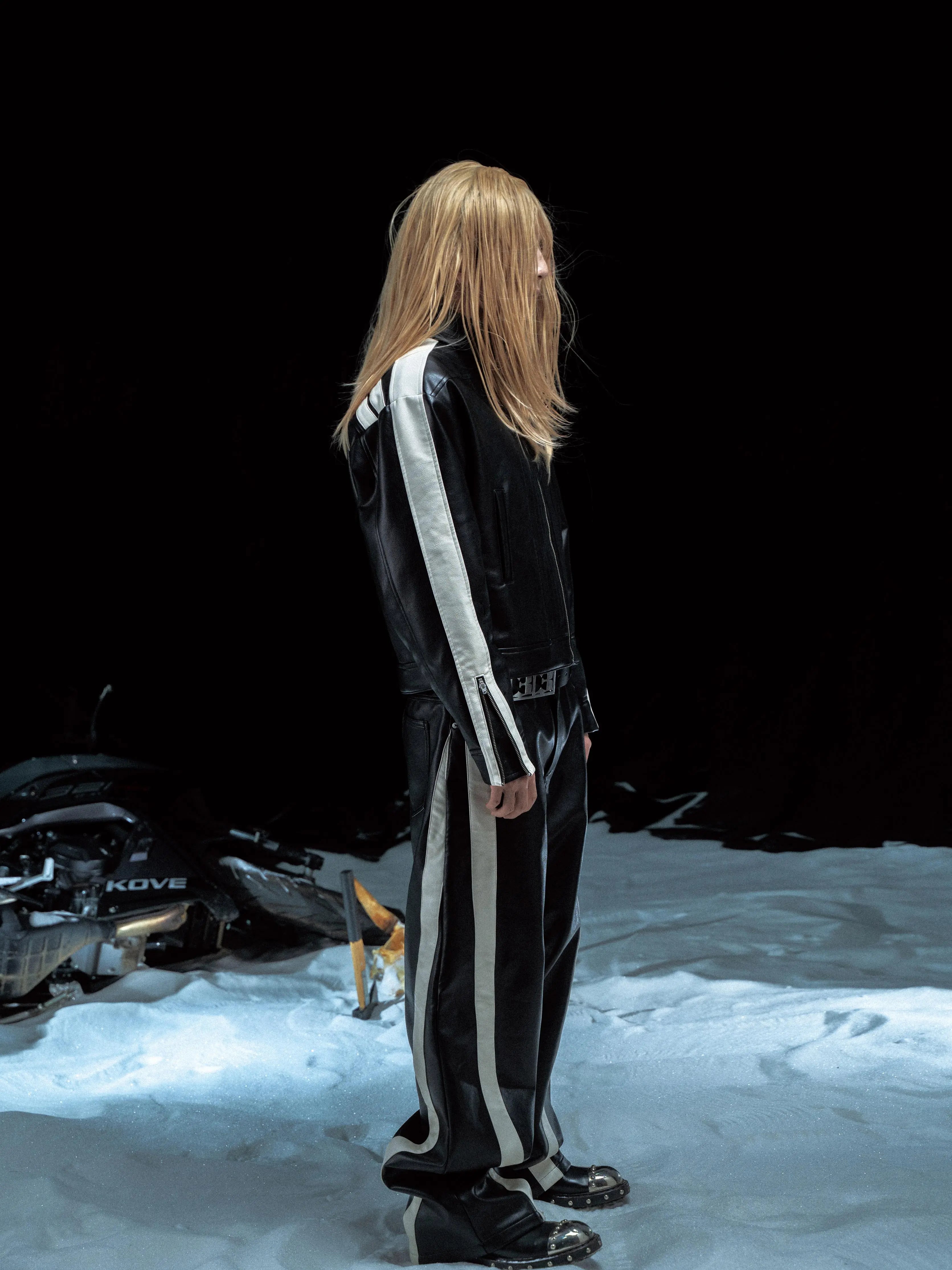 STRIPED MESH-LINED LEATHER PANTS