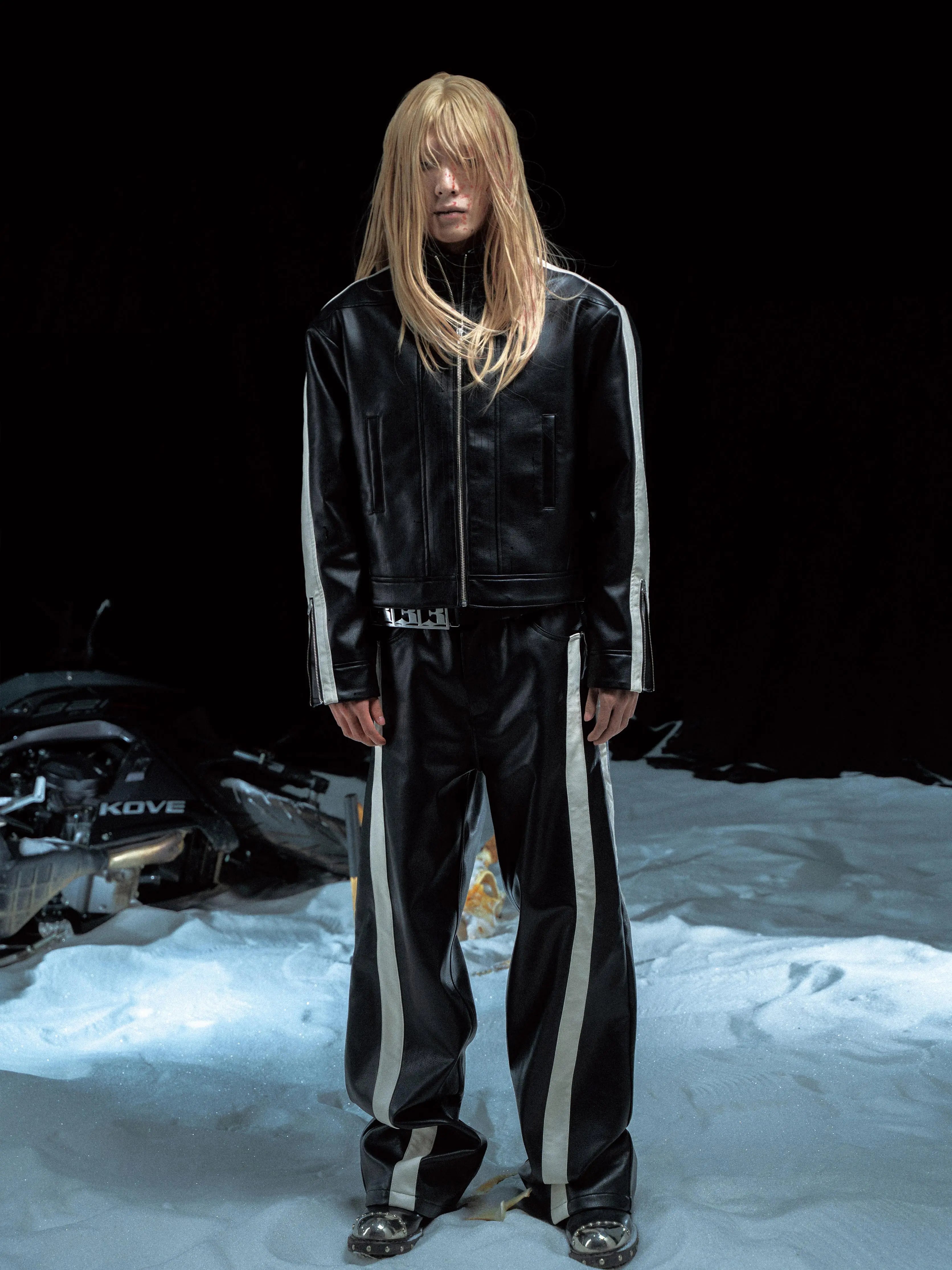 STRIPED MESH-LINED LEATHER PANTS