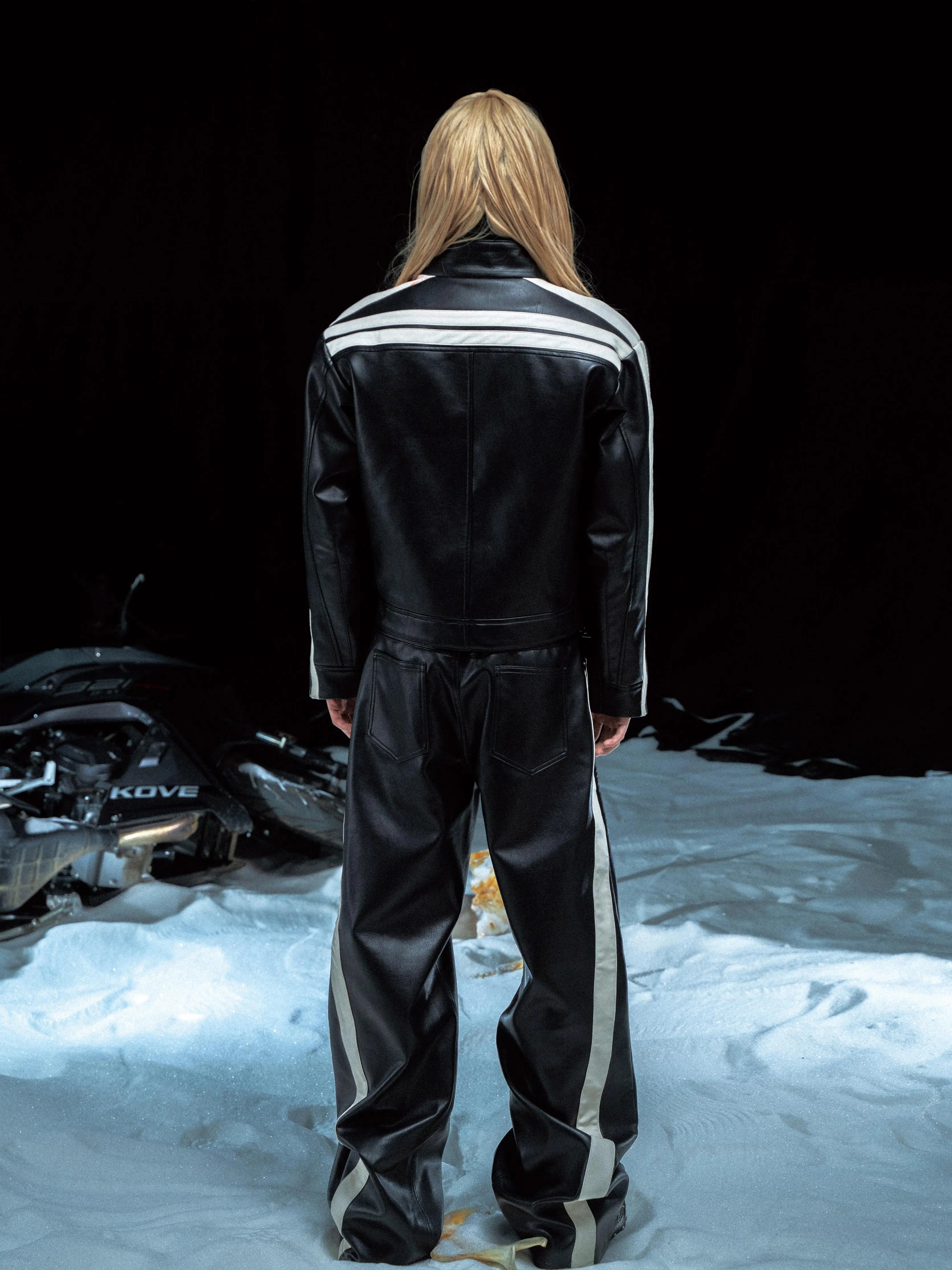 STRIPED MESH-LINED LEATHER PANTS