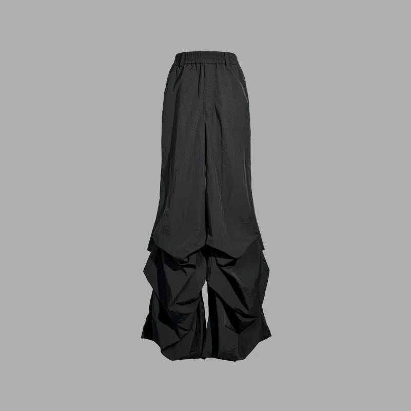 BLACK PLEATED NYLON CASUAL PANTS