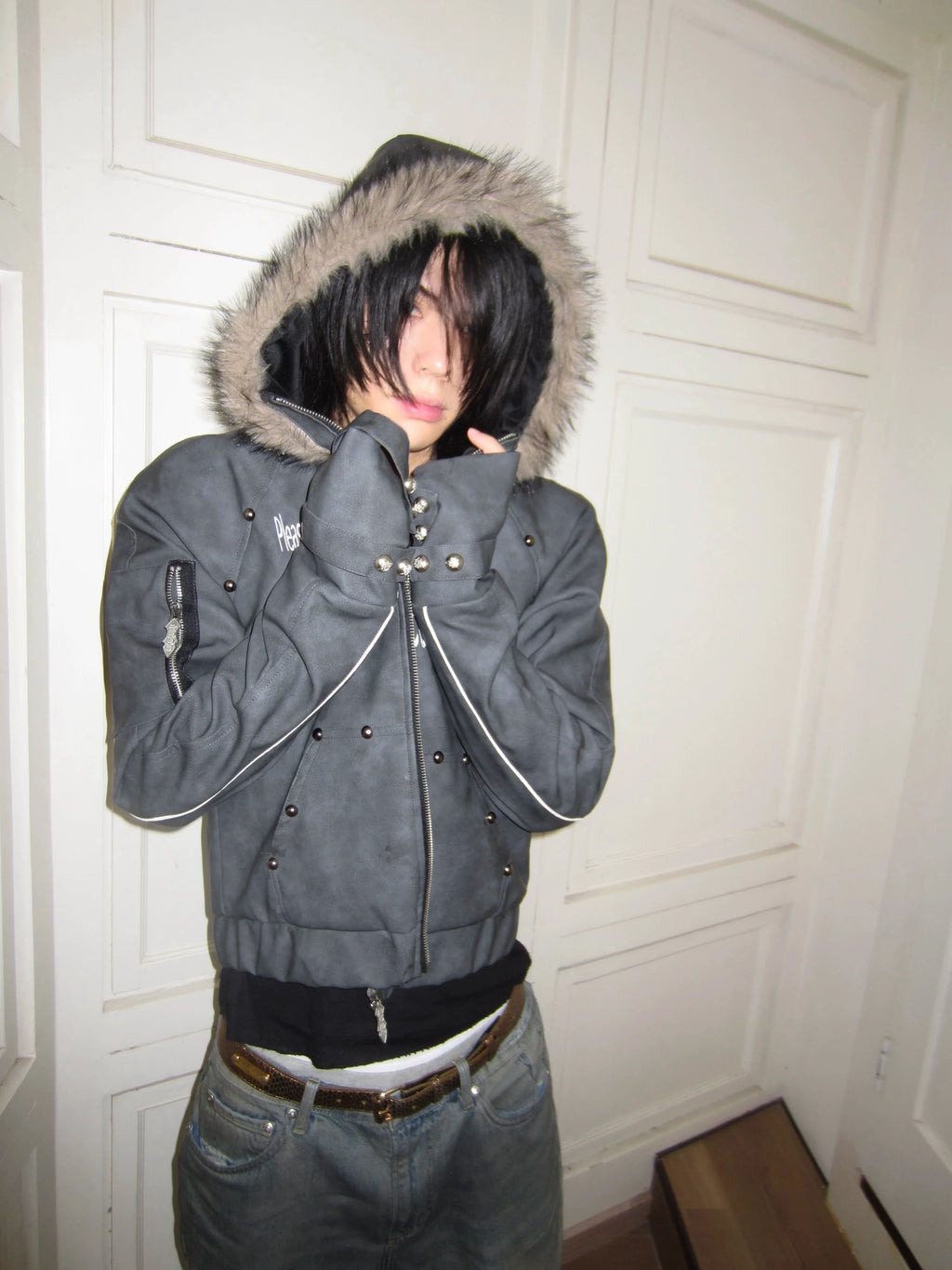 RIVETED HOODED LEATHER JACKET