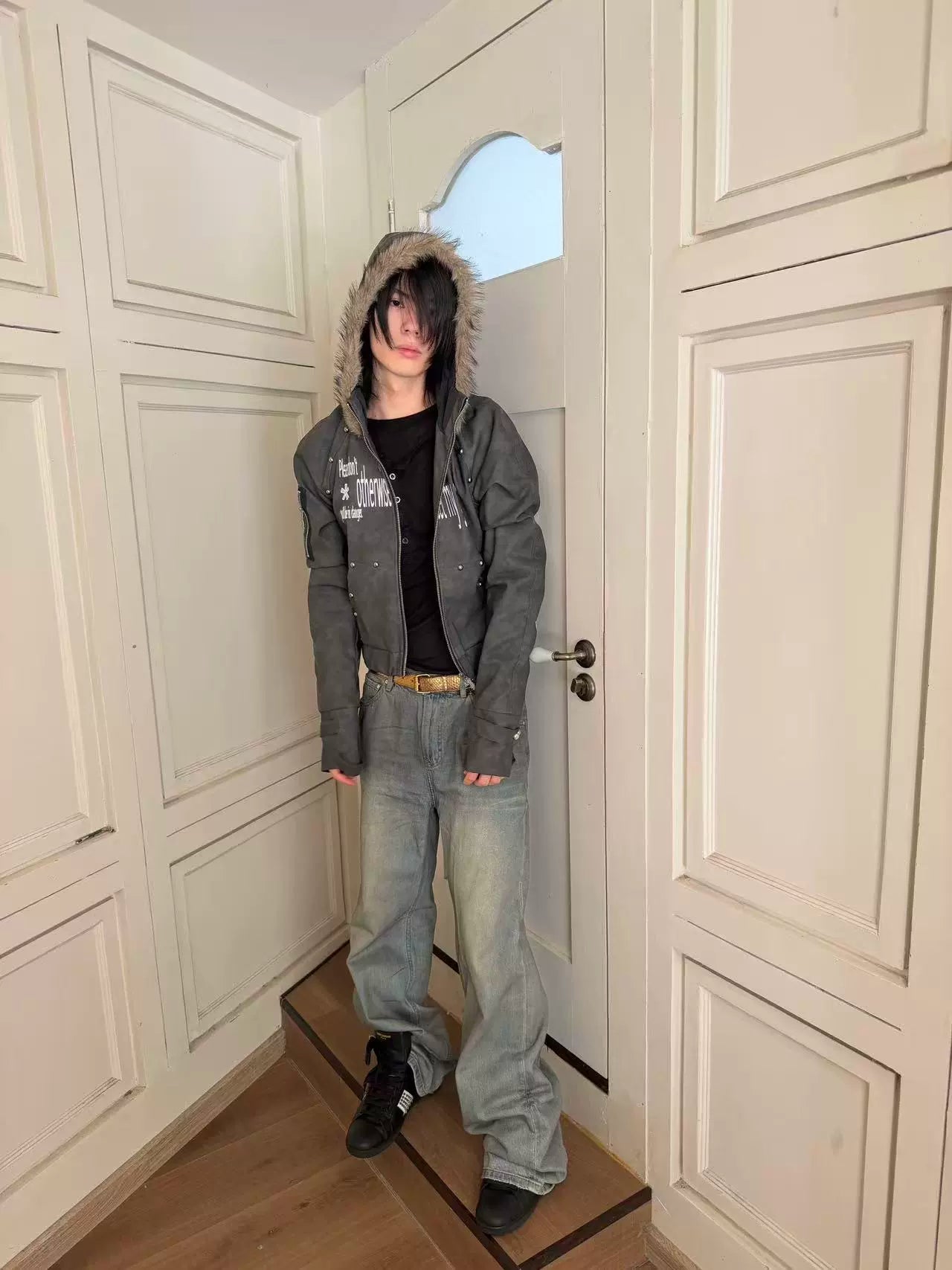 RIVETED HOODED LEATHER JACKET