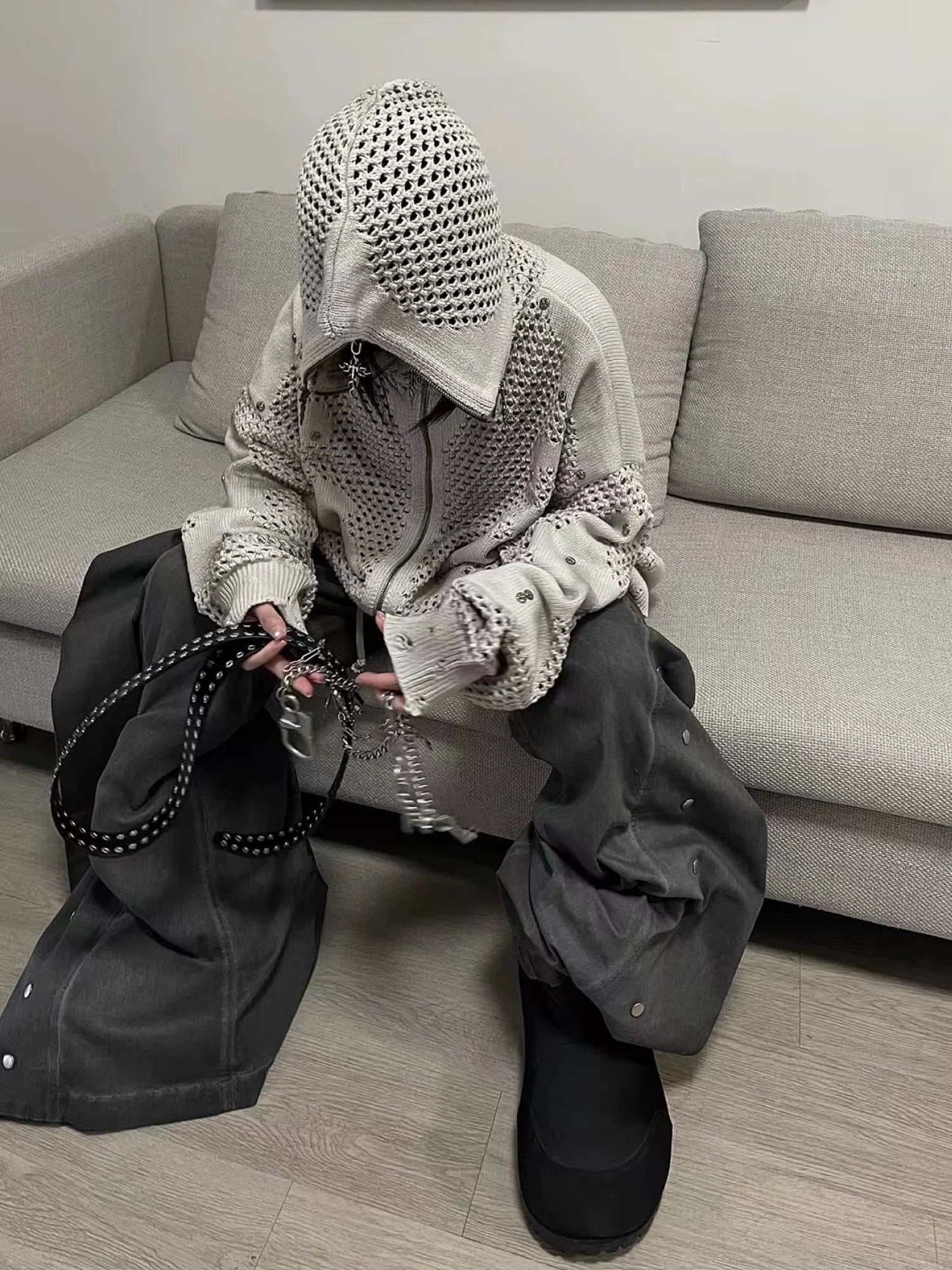 HOLLOW OUT HOODED KNIT CARDIGAN