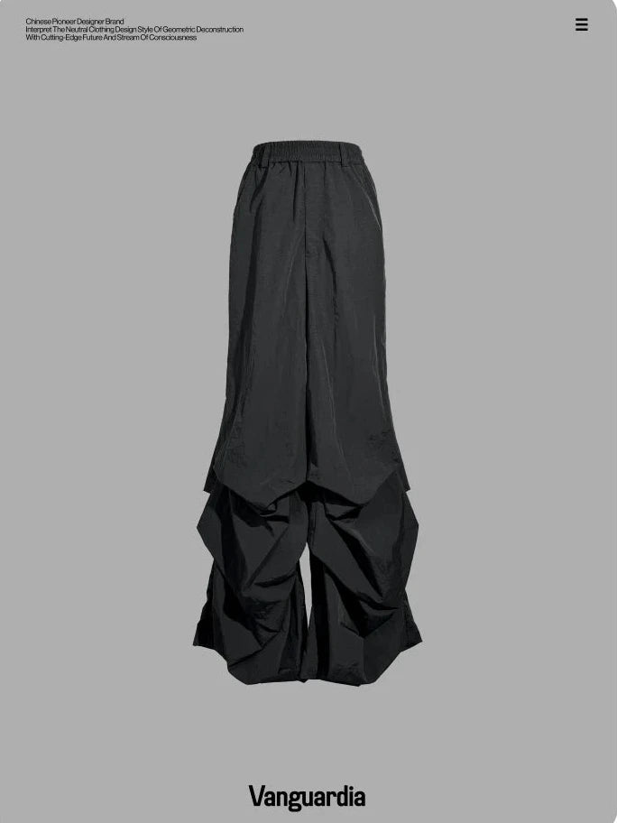 BLACK PLEATED NYLON CASUAL PANTS