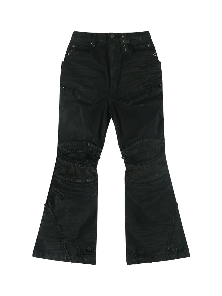 DISTRESSED WAXED DENIM PANTS