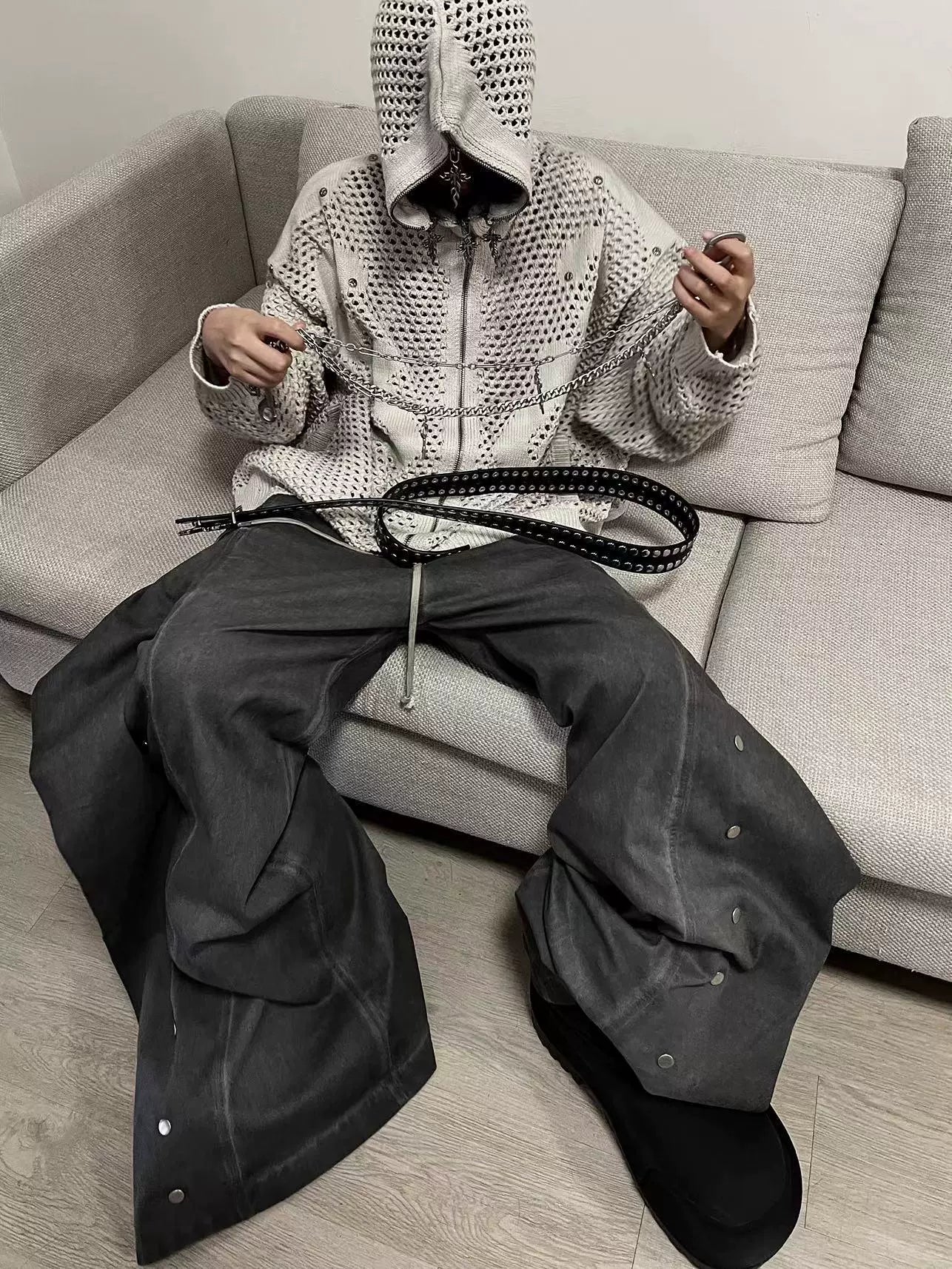 HOLLOW OUT HOODED KNIT CARDIGAN