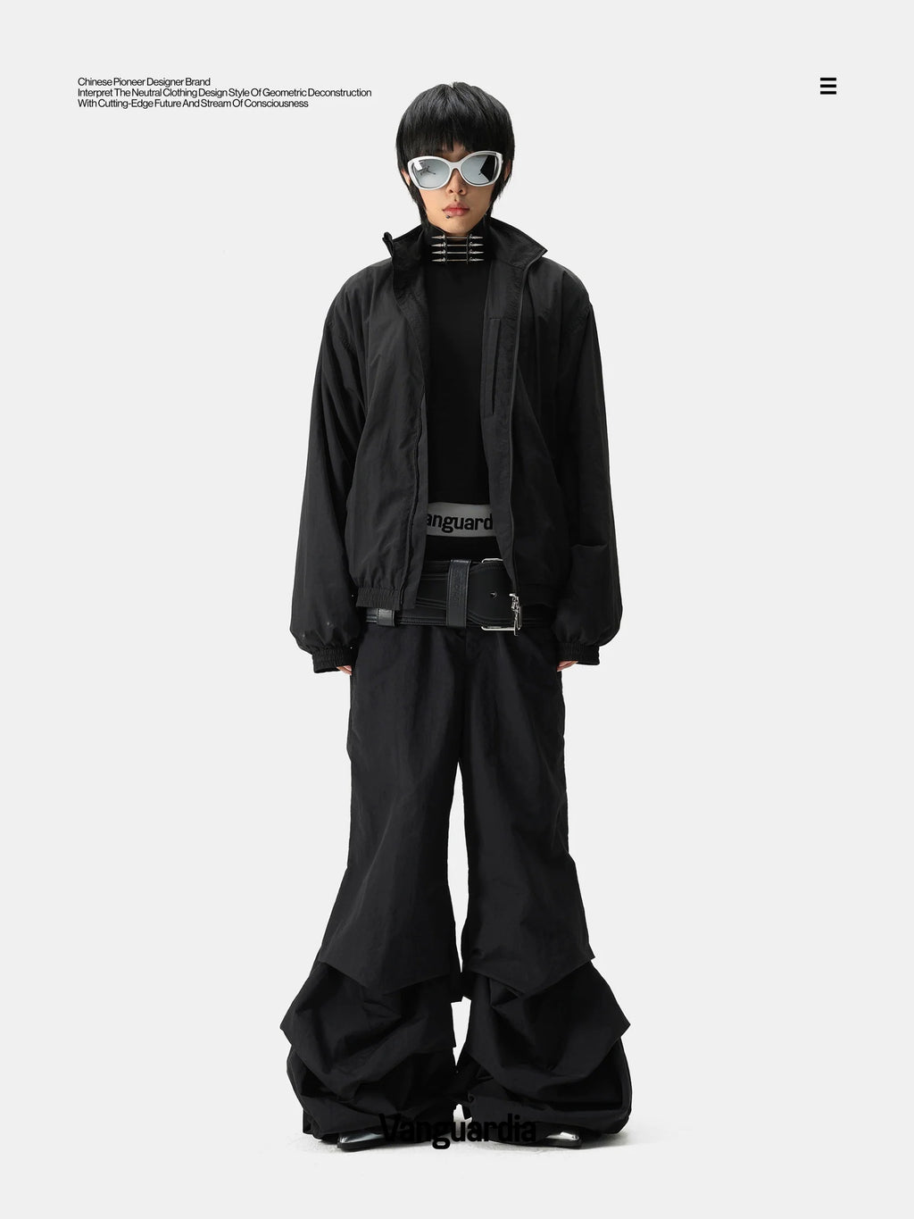 BLACK PLEATED NYLON CASUAL PANTS