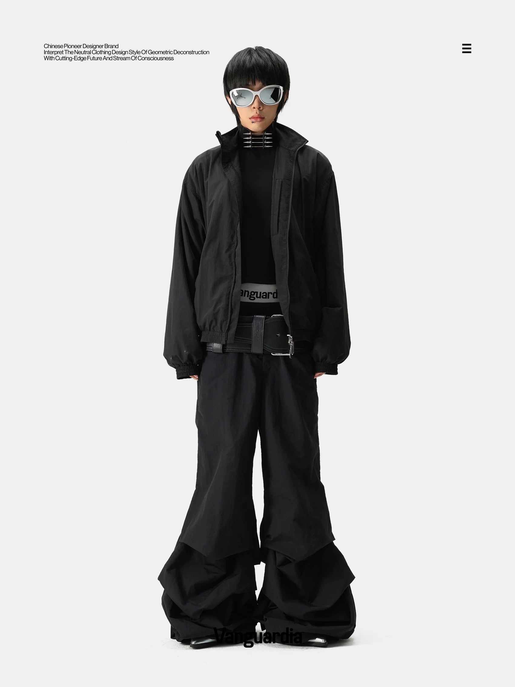 BLACK PLEATED NYLON CASUAL PANTS