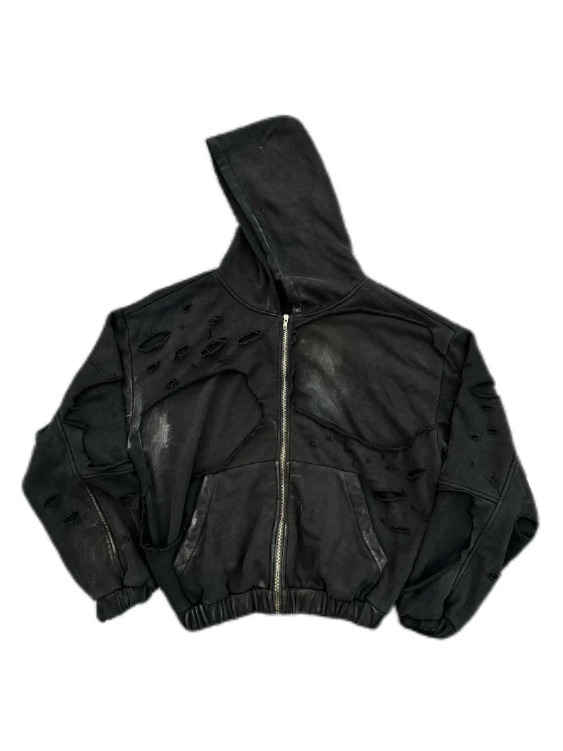 MUD-DYED DOUBLE-LAYER HOODIE SWEATER