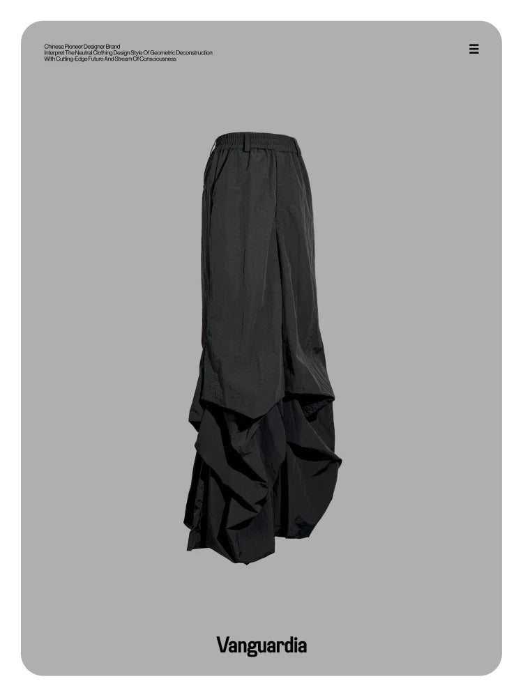 BLACK PLEATED NYLON CASUAL PANTS
