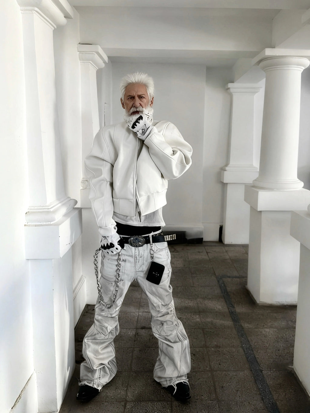 WHITE DEMON FUR COLLAR JACKET