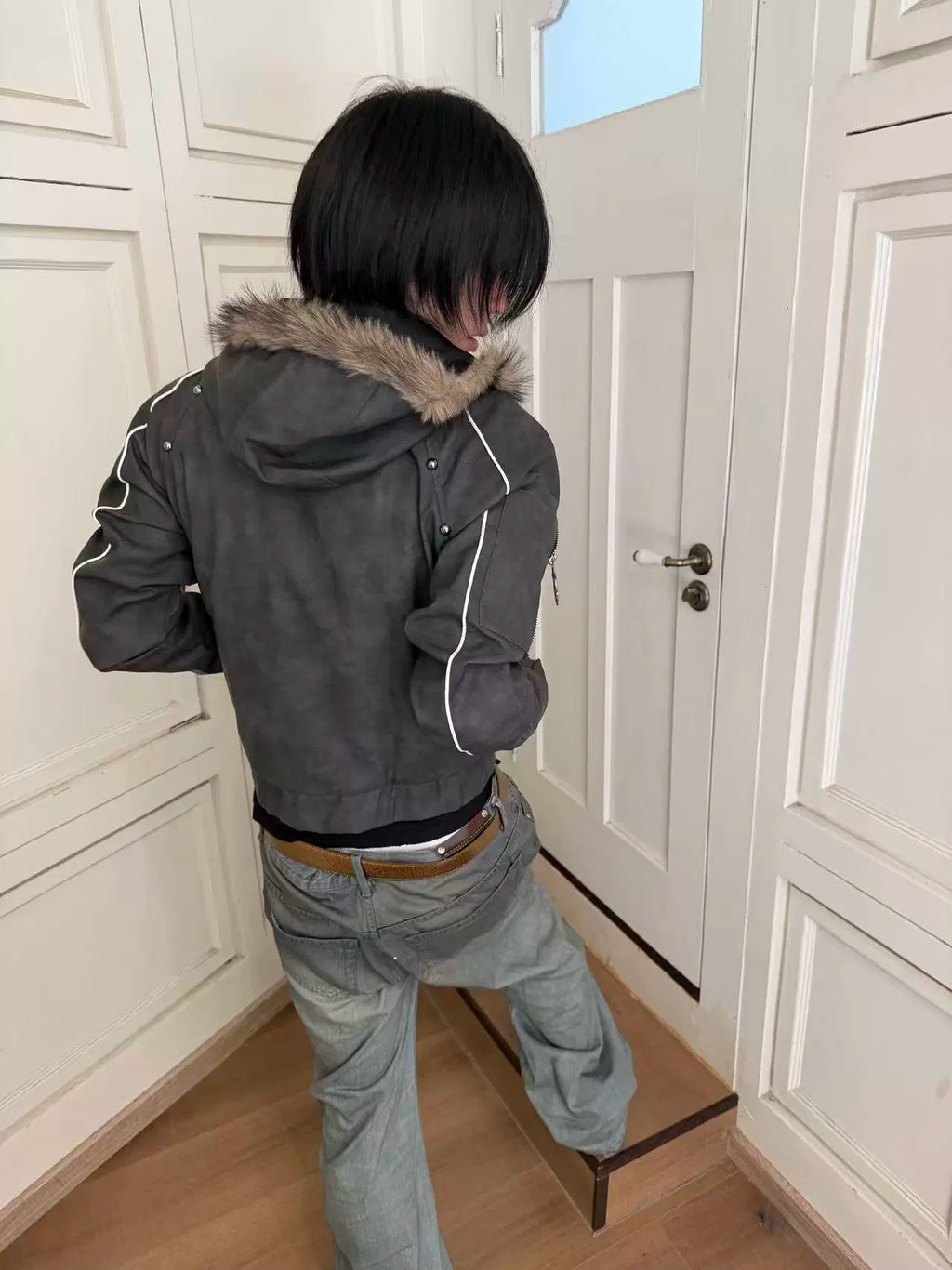 RIVETED HOODED LEATHER JACKET