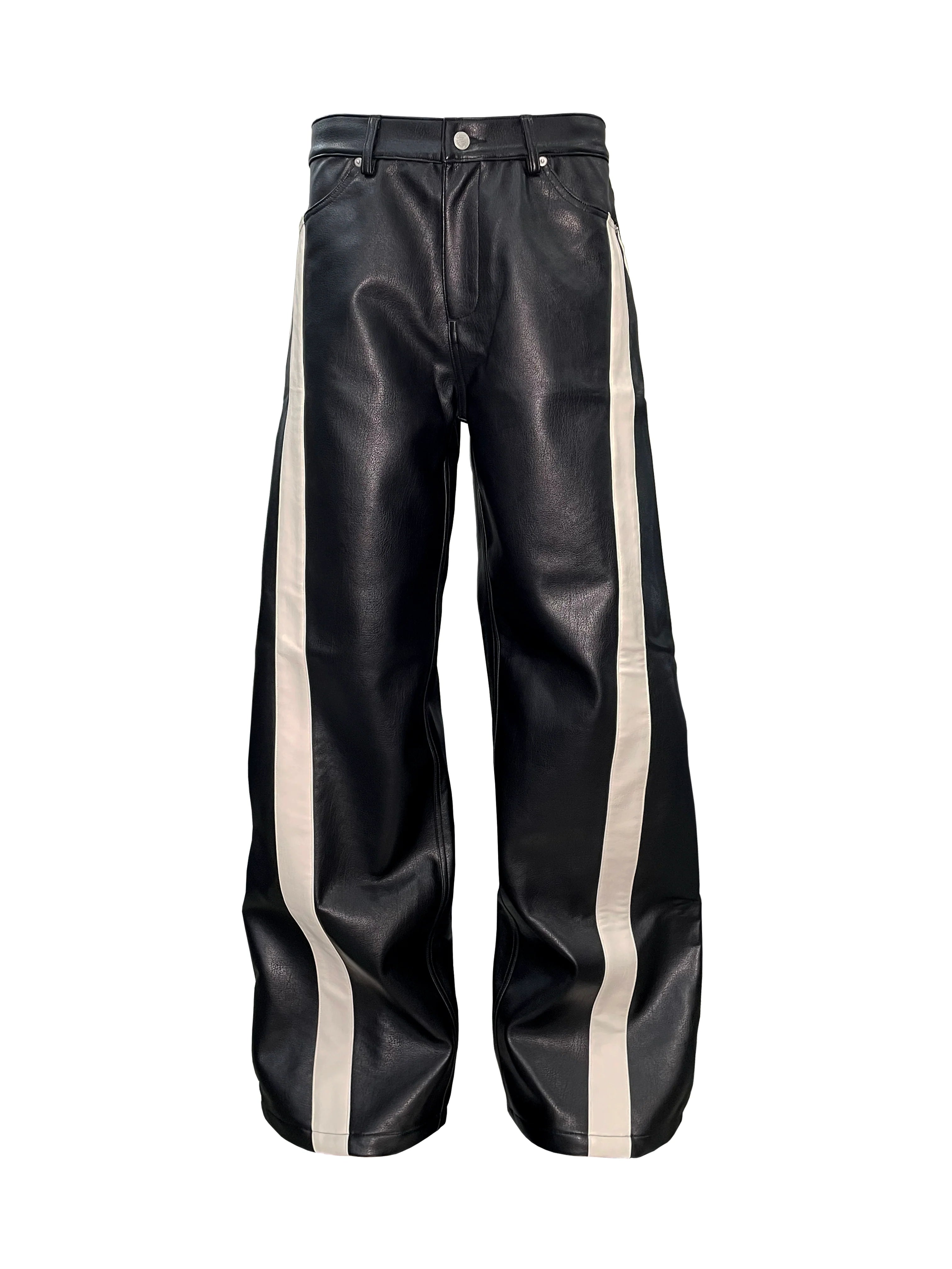 STRIPED MESH-LINED LEATHER PANTS