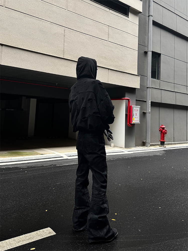 MUD-DYED DOUBLE-LAYER HOODIE SWEATER